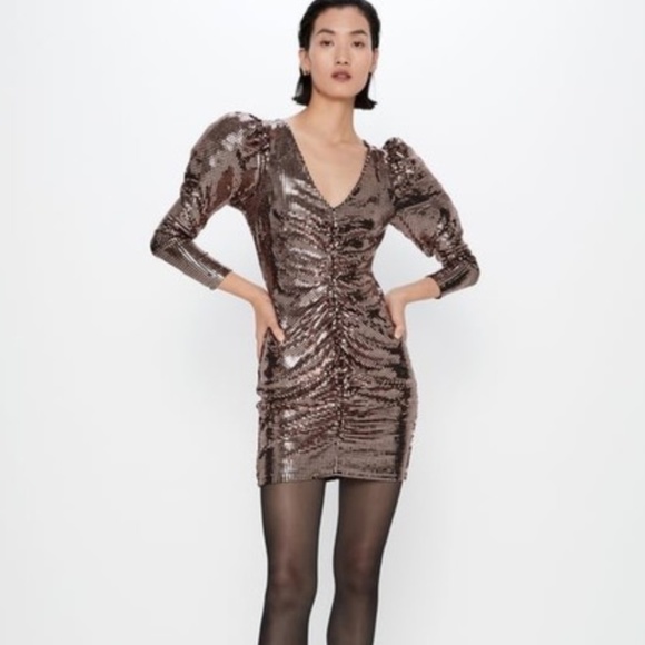 Zara | Dresses | Zara Rose Gold Flat Sequin Dress | Poshmark